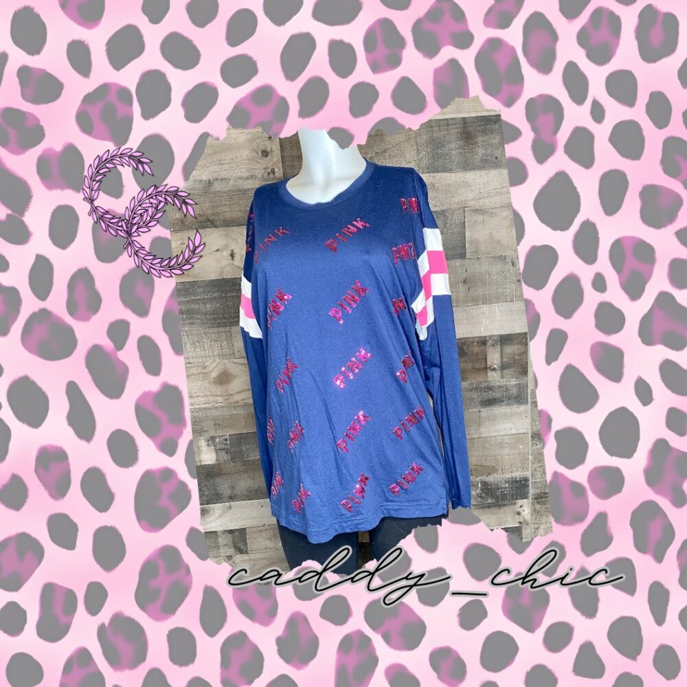 EUC VS PINK Sequin Logo Long Sleeve Tee - Size Medium